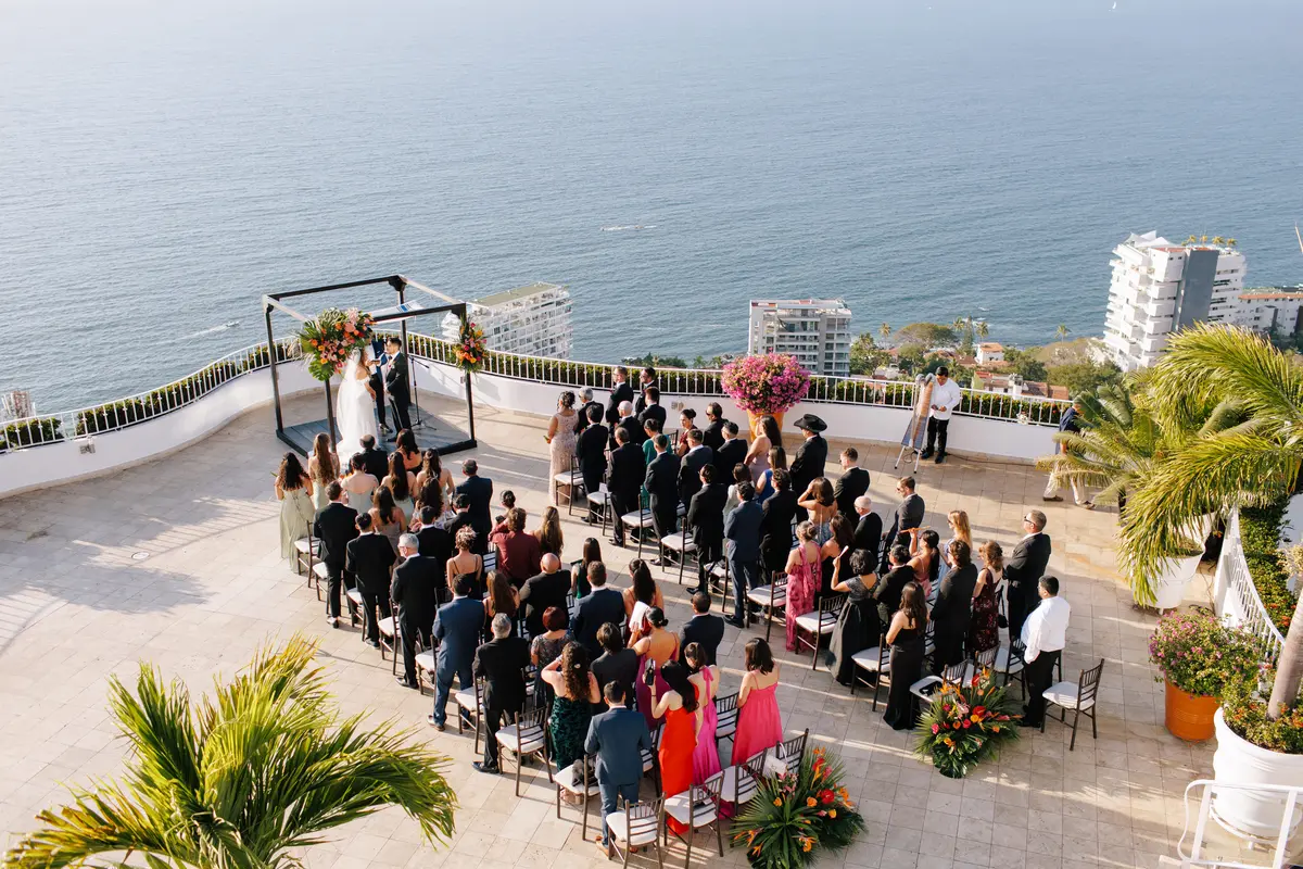Golden hour wedding photography in Puerto Vallarta — magical warm light over Banderas Bay